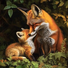 Obraz premium A mother fox and her fluffy baby share a gentle moment of affection amidst the lush foliage of a forest, embodying nature's tenderness and familial bond.