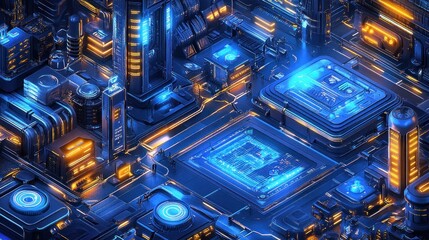 Futuristic Cityscape Built Within A Microchip Design