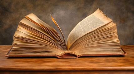 Obraz premium An open old book with yellowed pages resting on a wooden table with a dark background