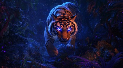 137. A glowing tiger prowling through an ethereal jungle filled with bioluminescent plants