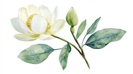 Naklejka premium Watercolor Flower with Leaves for Vintage Backdrop, Botanical Isolated on White Background, Invitation Card, Wedding Card