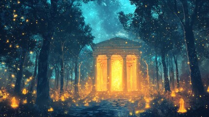142. A glowing ancient temple surrounded by an ethereal glowing forest