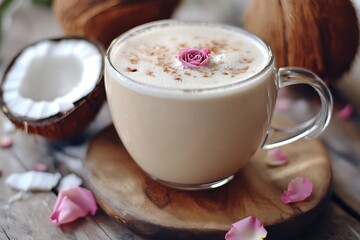 A creamy coconut rose latte with a rich coconut milk base and a hint of rose syrup.