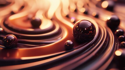 Abstract wavy dark chocolate surface with dark chocolate spheres scattered across the pattern