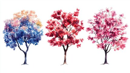 Fototapeta premium Watercolor Blooming Flower Tree Side View for Landscape and Architecture