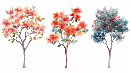 Obraz premium Watercolor Blooming Flower Tree Side View for Landscape and Architecture