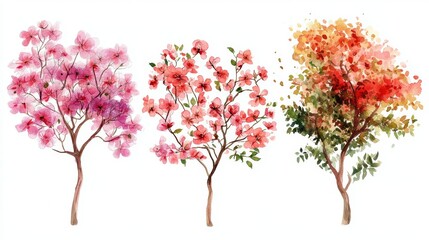 Watercolor Blooming Flower Tree Side View Isolated on White Background for Landscape and Architecture