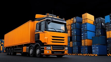 Shipping Container Logistics: A bright orange semi-trailer truck, ready for transport, stands prominently in front of a stacked array of shipping containers.