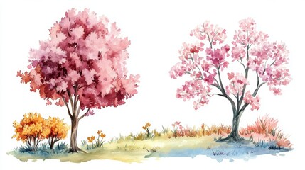 Watercolor Blooming Flower Tree or Forest Side View for Landscape and Architecture