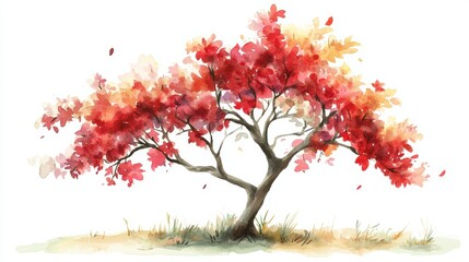 Obraz premium Watercolor Blooming Flower Tree Side View for Landscape and Architecture Drawing