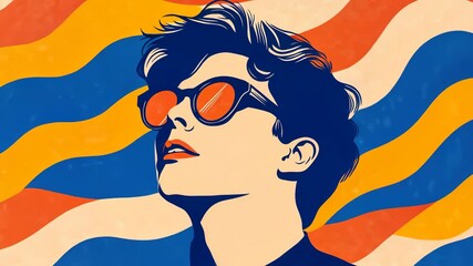 Creative illustration of a person wearing stylish sunglasses against a vibrant wavy background showcasing bold colors
