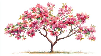 Fototapeta premium Watercolor Blooming Flower Tree Side View for Landscape and Architecture Drawing