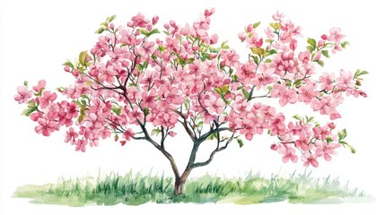 Obraz premium Watercolor Blooming Flower Tree Side View for Landscape and Architecture Drawing Elements