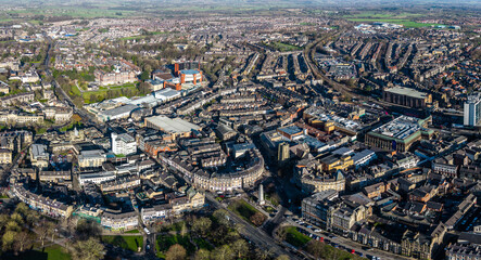 Aerial panoramic skyline view of the Victorian architecture of Harrogate Town centre