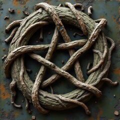 Intertwined Branches Forming a Pentagram Symbol on a Textured Background