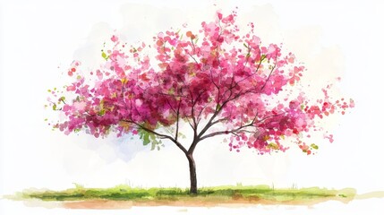 Obraz premium Watercolor Blooming Flower Tree Side View for Landscape and Architecture Drawing