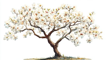 Obraz premium Watercolor Blooming Flower Tree Side View for Landscape and Architecture Drawing