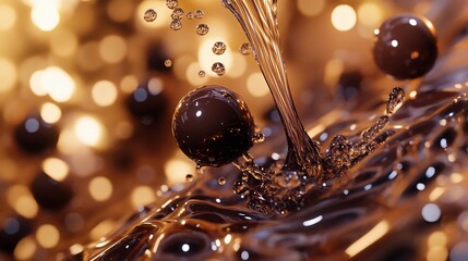 Close-up shot of liquid chocolate pouring over chocolate balls with bokeh background