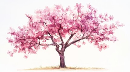 Fototapeta premium Watercolor Blooming Flower Tree Side View for Landscape and Architecture Drawing