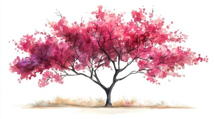 Fototapeta premium Watercolor Blooming Flower Tree Side View for Landscape and Architecture Drawing