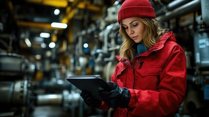 Fototapeta premium Young Woman in Industrial Setting Using Tablet for Modern Technology Solutions