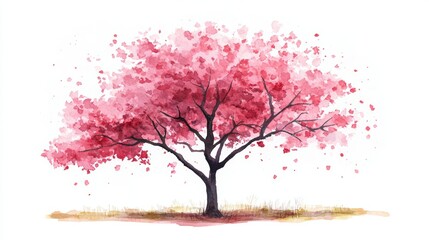 Fototapeta premium Watercolor Blooming Flower Tree Side View for Landscape and Architecture Drawing