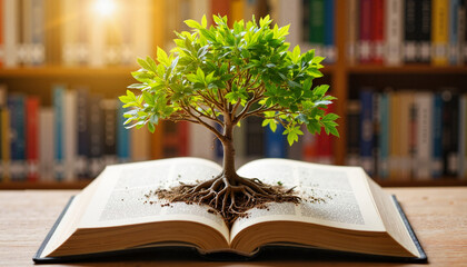 Tree growing from open textbook in library, rooted in knowledge