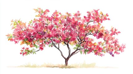 Fototapeta premium Watercolor Blooming Flower Tree Side View for Landscape and Architecture Drawing