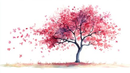 Fototapeta premium Watercolor Blooming Flower Tree Side View for Landscape and Architecture Drawing