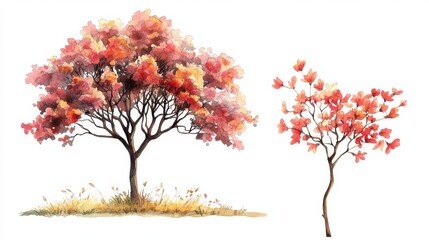 Watercolor Blooming Flower Tree Side View for Landscape and Architecture Drawing