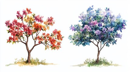 Fototapeta premium Watercolor Blooming Flower Tree Side View for Landscape and Architecture Drawing