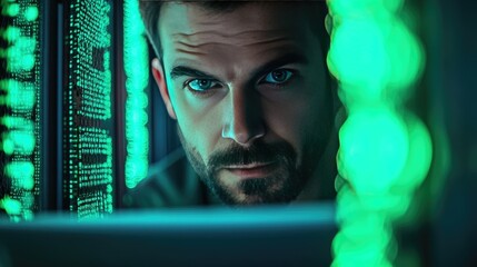 Cybersecurity Expert Monitoring Network Servers in High-Tech Data Center