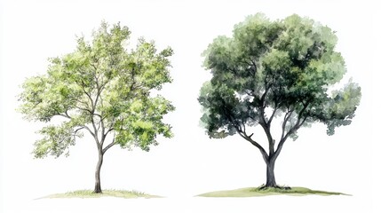 Vector Watercolor Green Tree or Forest Side View Isolated on White Background for Landscape and Architecture Drawing