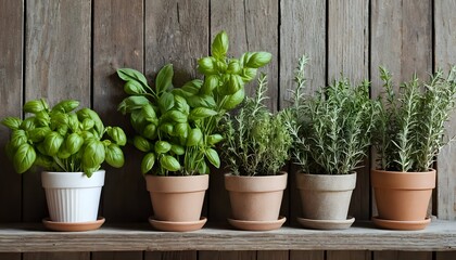 Rustic Herb Collection: Vibrant Basil, Rosemary, and Thyme in Earthen Pots