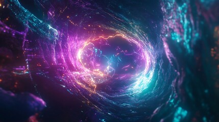 Abstract vortex of glowing lines with vibrant colors creating a cosmic tunnel