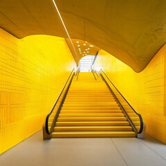 Obraz premium A vibrant yellow staircase in a bustling urban subway setting, showcasing modern architecture and smooth transitions, creating a captivating visual experience.