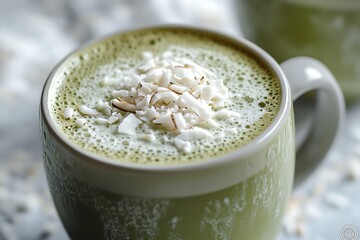 A creamy matcha coconut milk latte with a frothy top and a sprinkle of shredded coconut.