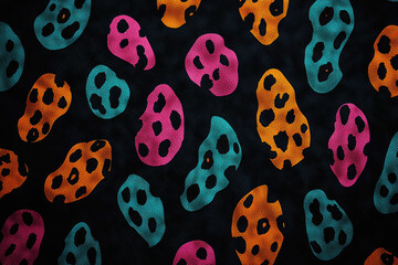 Modern leopard print pattern featuring abstract spots in vibrant hues on a dark backdrop for...