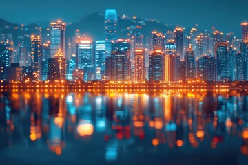 Obraz premium Vibrant Night Cityscape with Illuminated Skyscrapers Reflecting on Water