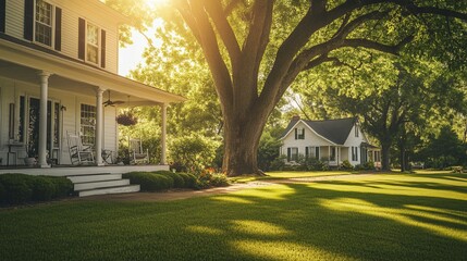 Fototapeta premium Sunlight illuminates a white farmhouse with a large tree and vibrant green lawn surrounding it