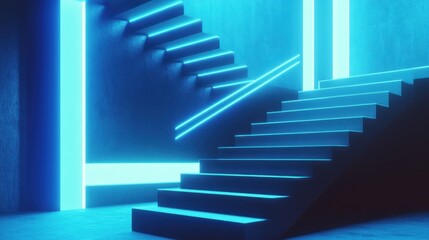 Obraz premium Neon Lit Staircase Modern Architecture Design