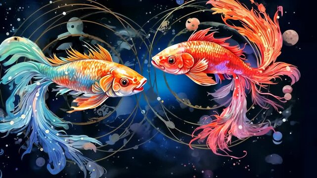 Sign of the zodiac Fishes in vibrant, holographic colors. Mysticism with a touch of surrealism. Astrological sign fish on dark background. Horoscope Pisces.