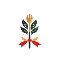 Obraz premium Restaurant logo, healthy food, fork and leaves, gift ribbon, for print or website