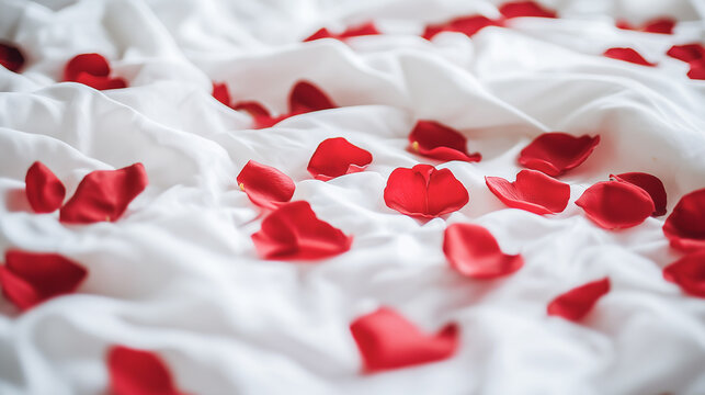 White bed sheet adorned with scattered red rose petals, creating a romantic and intimate ambiance. The delicate contrast of red and white evokes passion and love, perfect for a Valentine&rsquo;s Day celebra