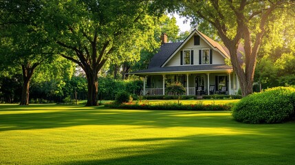 Fototapeta premium A charming house with a beautiful lawn surrounded by lush green trees under sunlight