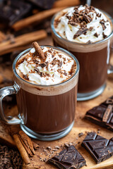 Two cups of hot chocolate with whipped cream, ideal for cookbooks, recipe websites, and culinary blogs.