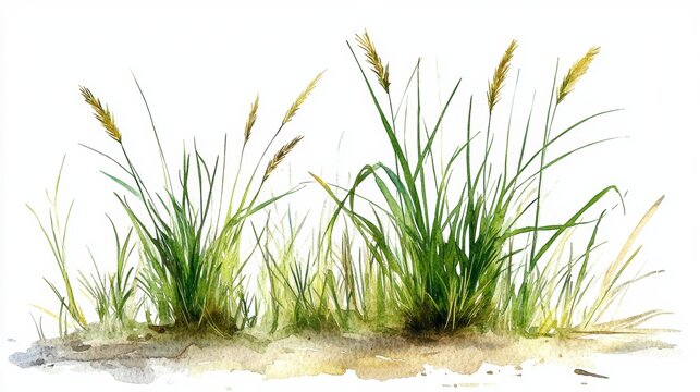 Watercolor Green Grass Side View for Landscape and Architecture Drawing