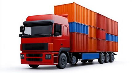 Red Truck with Shipping Containers: A vibrant red semi-truck carries a stack of colorful shipping containers, symbolizing global trade, logistics, and efficient transportation.