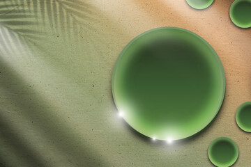 A green circles glass with sand background on it