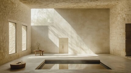 Serene interior of a minimalist room with natural light and a tranquil pool